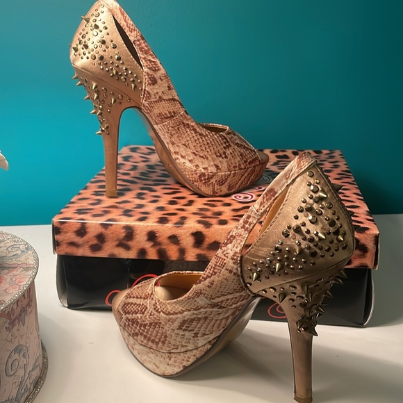 Naughty Monkey's Multi-Color Glam Dandy Spiked Heels in Beige Snake-print. - Picture 7 of 10